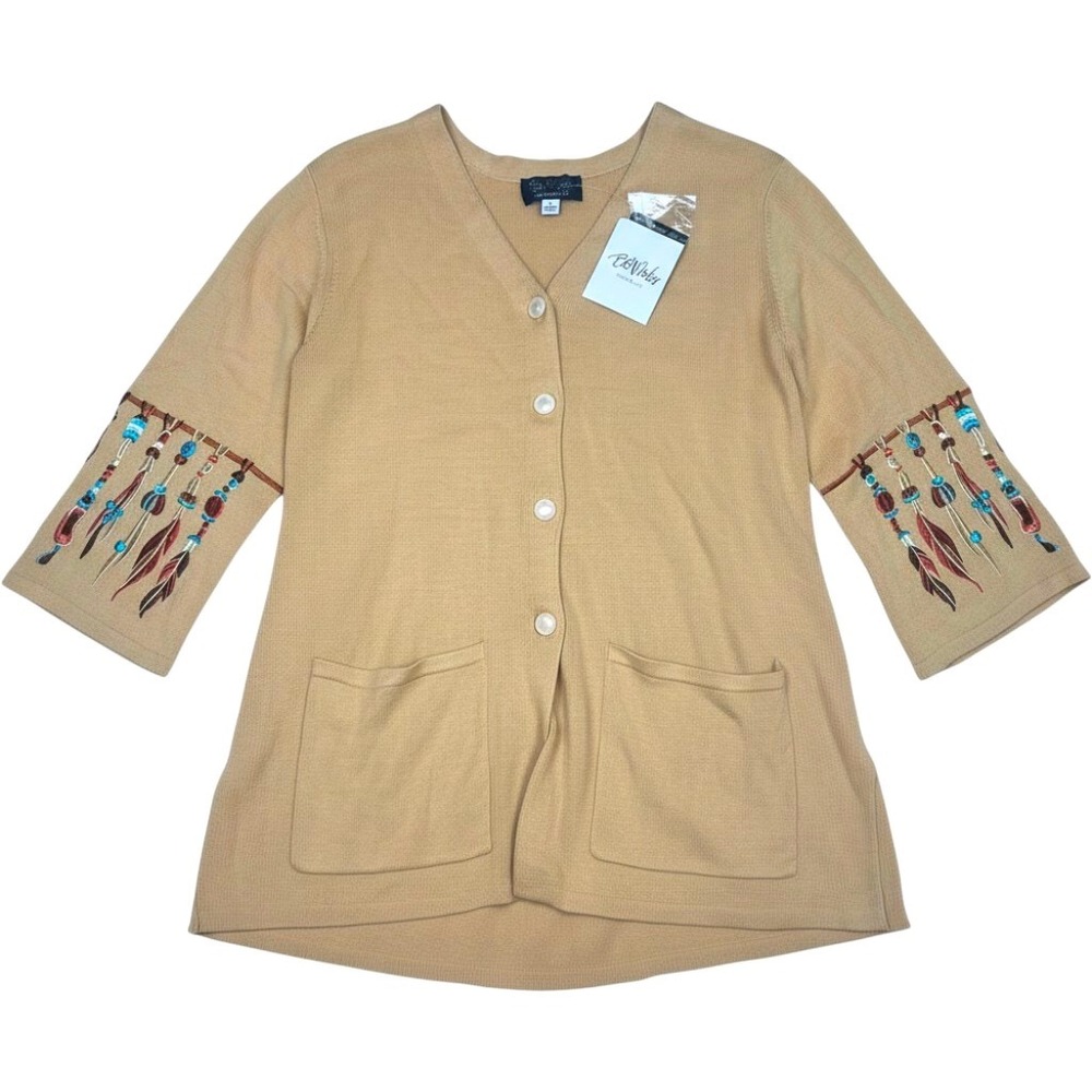 Bob Mackie Wearable Art Tan Embroidered Feather Cardigan Sweater Women Large NWT